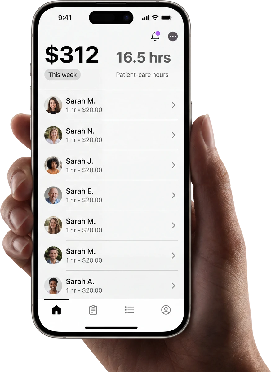 A caregiver's Tethr week: $312 earned and 16.5 patient-care hours logged
